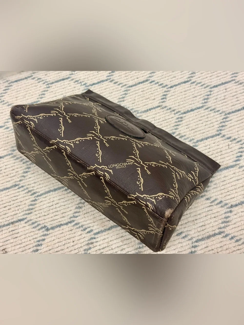 LONGCHAMP Vintage 80’s Unisex Brown Leather Monogram Pouch Clutch Made N France